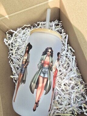 Classy Lady Frosted Glass Tumbler w/Bamboo Lid & Straw